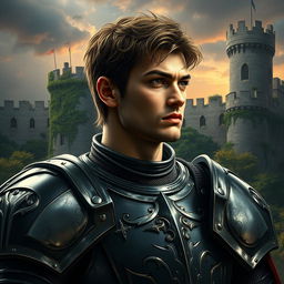 A handsome and brooding knight with a strong physique and striking features, donned in intricately detailed shining armor