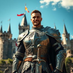 A handsome, brave, and cocky knight with a confident smirk, showcasing his chiseled features and muscular build