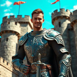 A handsome, brave, and cocky knight with a confident smirk, showcasing his chiseled features and muscular build