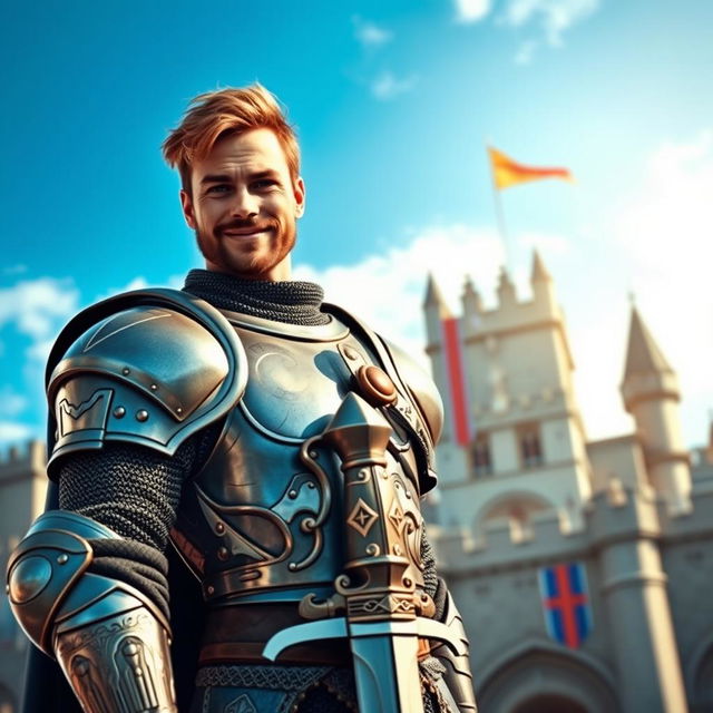 A handsome, brave, and cocky knight with a confident smirk, showcasing his chiseled features and muscular build