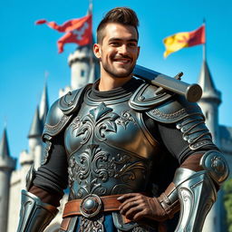 A handsome, brave, and cocky knight exuding confidence, with a charming smile and a strong, muscular build