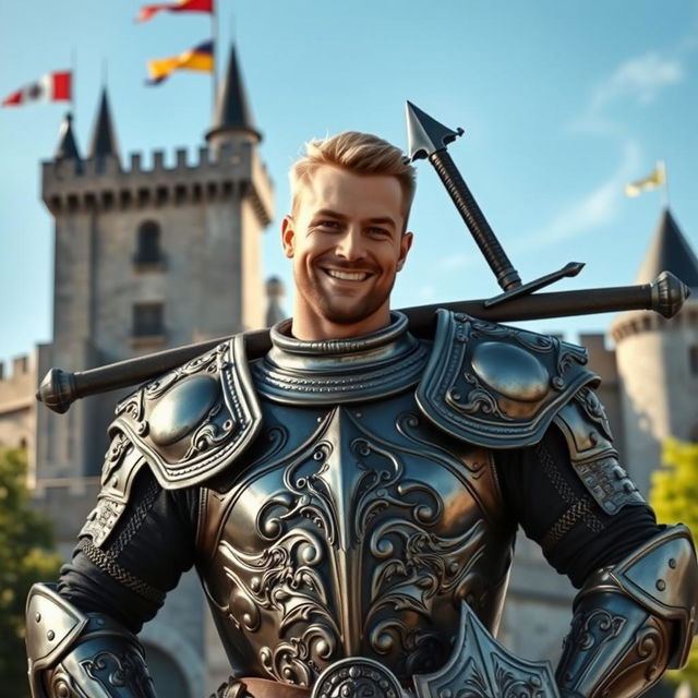 A handsome, brave, and cocky knight exuding confidence, with a charming smile and a strong, muscular build