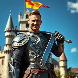 A handsome, brave, and cocky knight exuding confidence, with a charming smile and a strong, muscular build