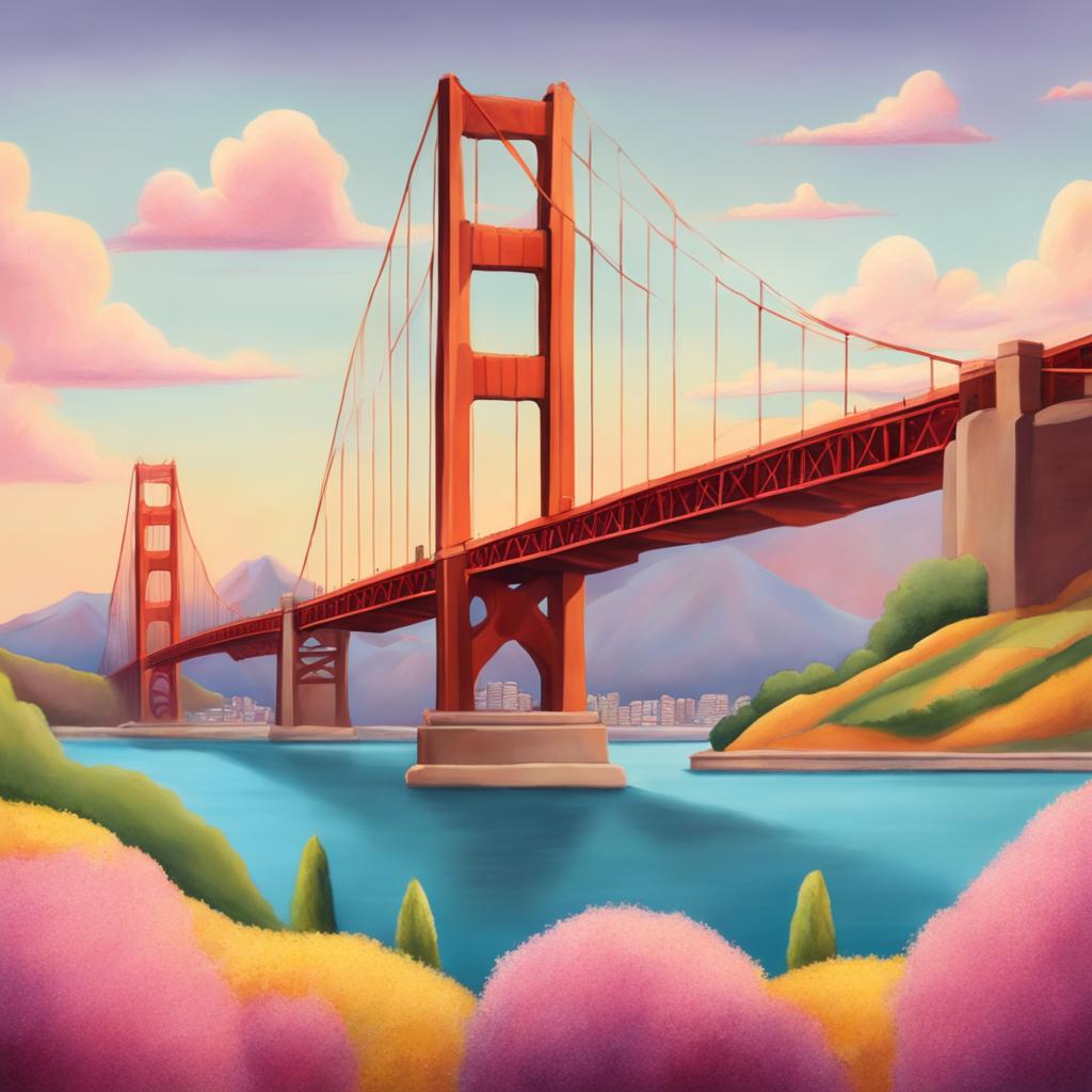 Simpsons-style Golden Gate Bridge rendered in soft pastels with a cheerful cityscape in the background.