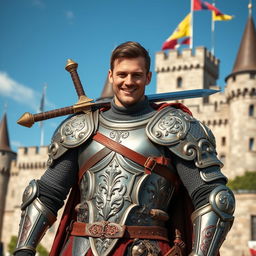 A handsome, brave, and cocky knight exuding confidence, with a charming smile and a strong, muscular build