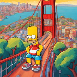 Simpsons-style Golden Gate Bridge rendered in soft pastels with a cheerful cityscape in the background.