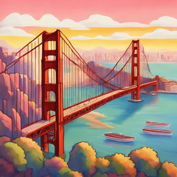 Simpsons-style Golden Gate Bridge rendered in soft pastels with a cheerful cityscape in the background.