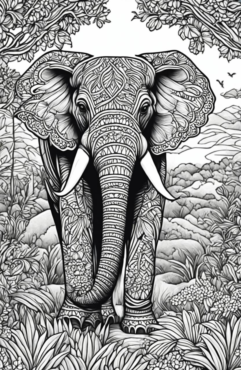 An intricate adult coloring book page featuring an elephant in a detailed savannah landscape.