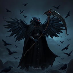 A digital illustration of a Shadar-Kai elf inspired by DnD, standing in the center of the image and facing toward the right side of the frame
