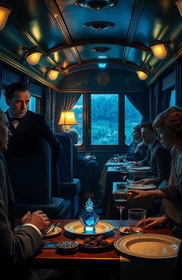 A mysterious and captivating scene aboard the famous blue train, inspired by Agatha Christie's novel, with a luxurious train interior featuring rich blue and gold decor, plush velvet seats, and elegant dining car with exquisite dishes set on tables