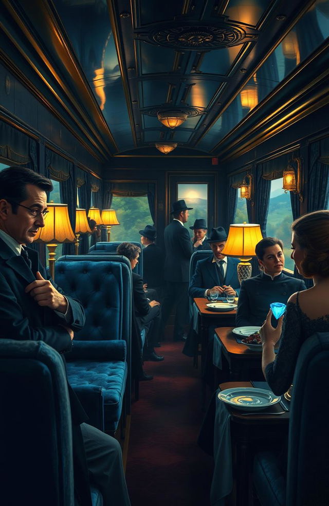 A mysterious and captivating scene aboard the famous blue train, inspired by Agatha Christie's novel, with a luxurious train interior featuring rich blue and gold decor, plush velvet seats, and elegant dining car with exquisite dishes set on tables