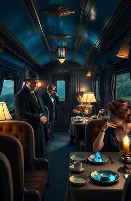 A mysterious and captivating scene aboard the famous blue train, inspired by Agatha Christie's novel, with a luxurious train interior featuring rich blue and gold decor, plush velvet seats, and elegant dining car with exquisite dishes set on tables