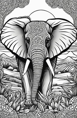 An intricate adult coloring book page featuring an elephant in a detailed savannah landscape.