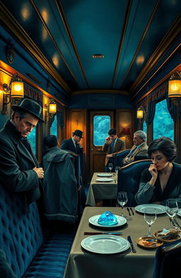 A mysterious and captivating scene aboard the famous blue train, inspired by Agatha Christie's novel, with a luxurious train interior featuring rich blue and gold decor, plush velvet seats, and elegant dining car with exquisite dishes set on tables