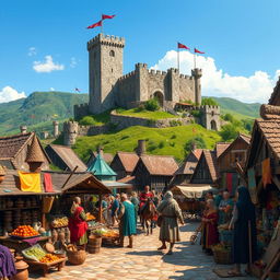 A vibrant medieval scene showcasing a bustling marketplace in a small village