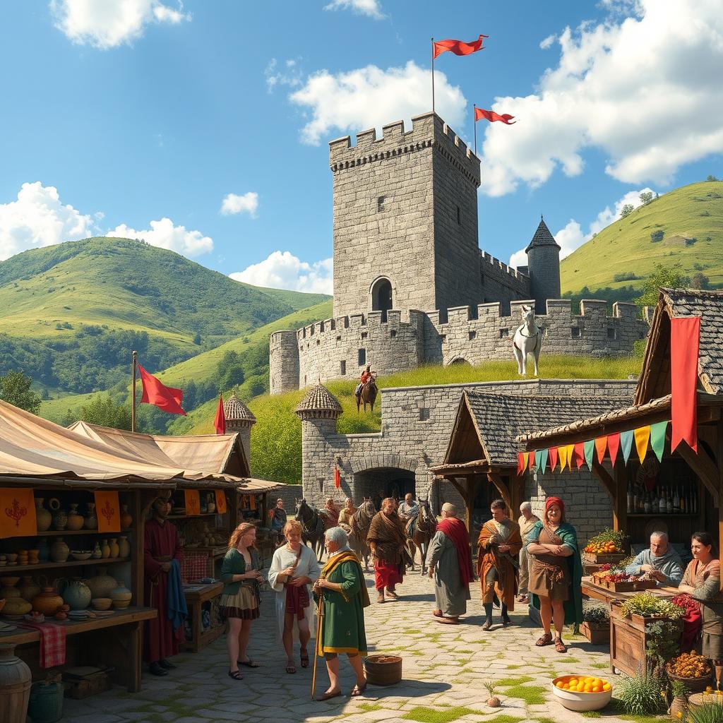 A vibrant medieval scene showcasing a bustling marketplace in a small village