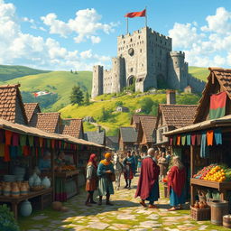 A vibrant medieval scene showcasing a bustling marketplace in a small village