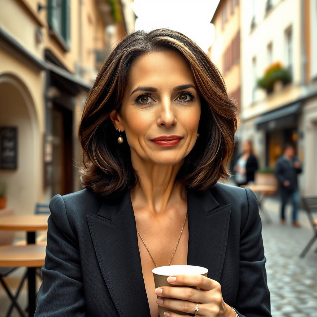 A sophisticated woman in her 40s from Eastern Europe, exuding confidence and grace