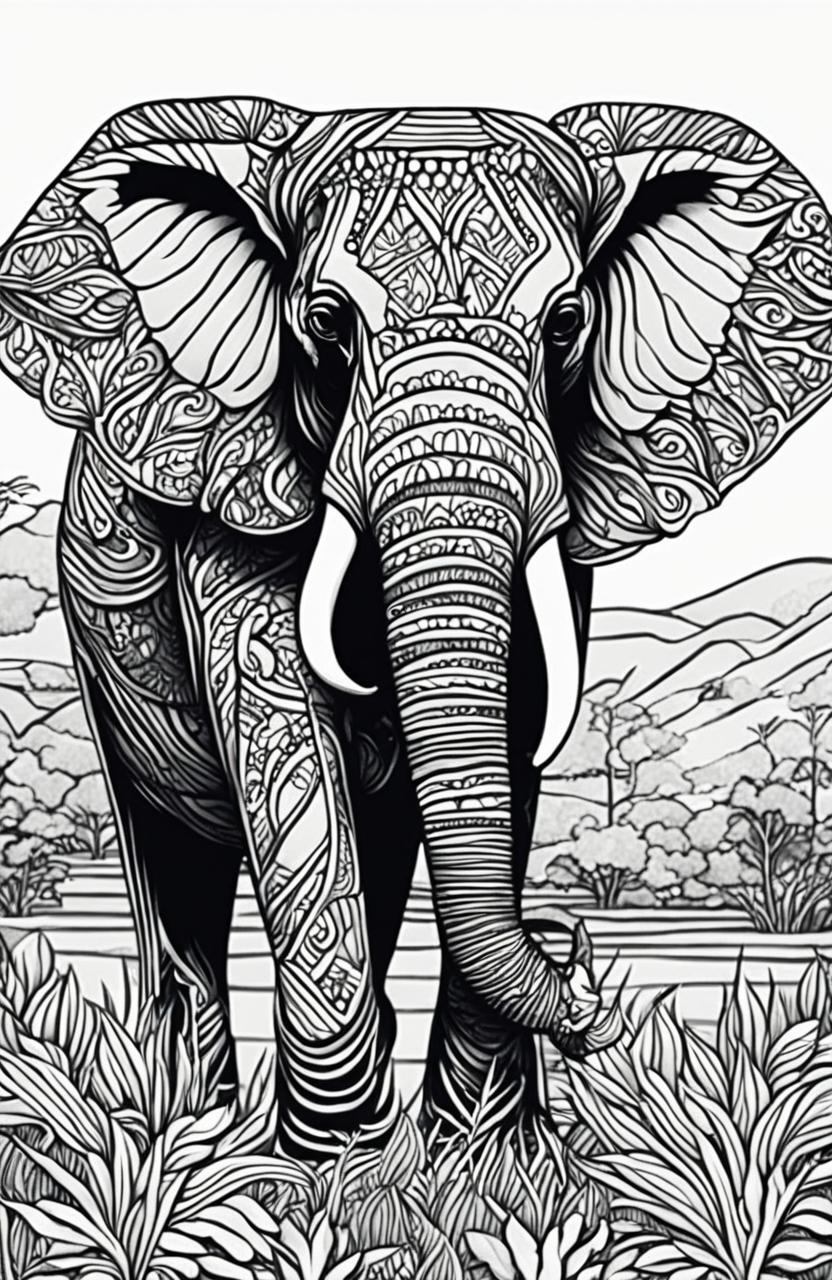 An intricate adult coloring book page featuring an elephant in a detailed savannah landscape.