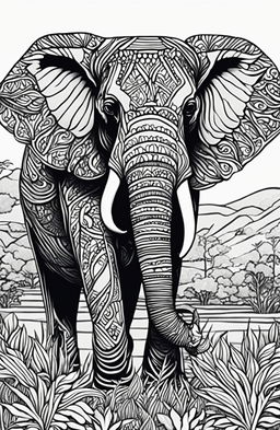 An intricate adult coloring book page featuring an elephant in a detailed savannah landscape.