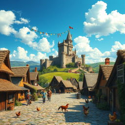 A picturesque medieval landscape featuring a vibrant village