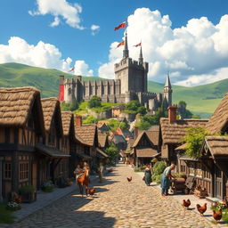 A picturesque medieval landscape featuring a vibrant village