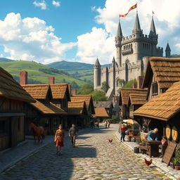 A picturesque medieval landscape featuring a vibrant village