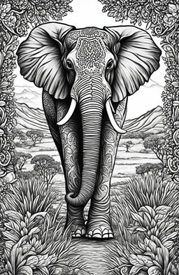 An intricate adult coloring book page featuring an elephant in a detailed savannah landscape.