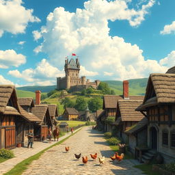 A picturesque medieval landscape featuring a vibrant village