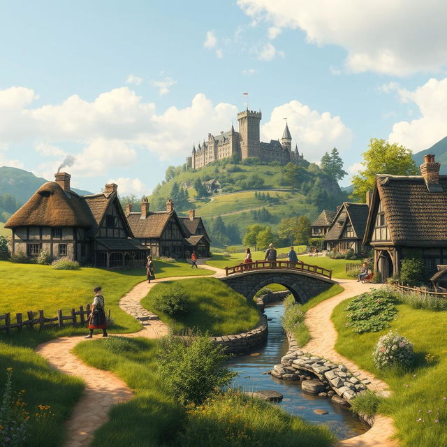 A captivating medieval landscape featuring a serene countryside with a small village