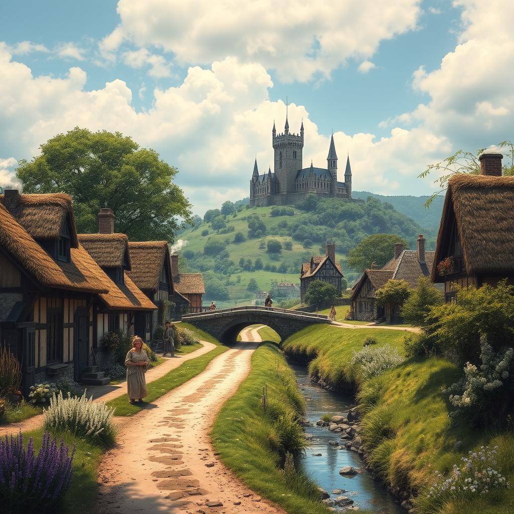 A captivating medieval landscape featuring a serene countryside with a small village