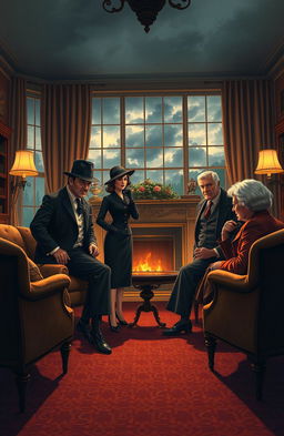 An intriguing and suspenseful scene inspired by Agatha Christie’s classic mystery theme, capturing the essence of a vintage detective story