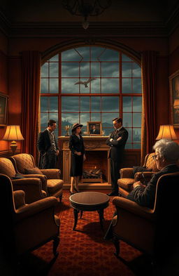 An intriguing and suspenseful scene inspired by Agatha Christie’s classic mystery theme, capturing the essence of a vintage detective story