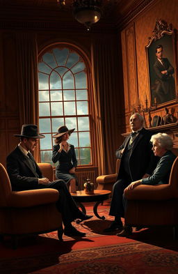 An intriguing and suspenseful scene inspired by Agatha Christie’s classic mystery theme, capturing the essence of a vintage detective story