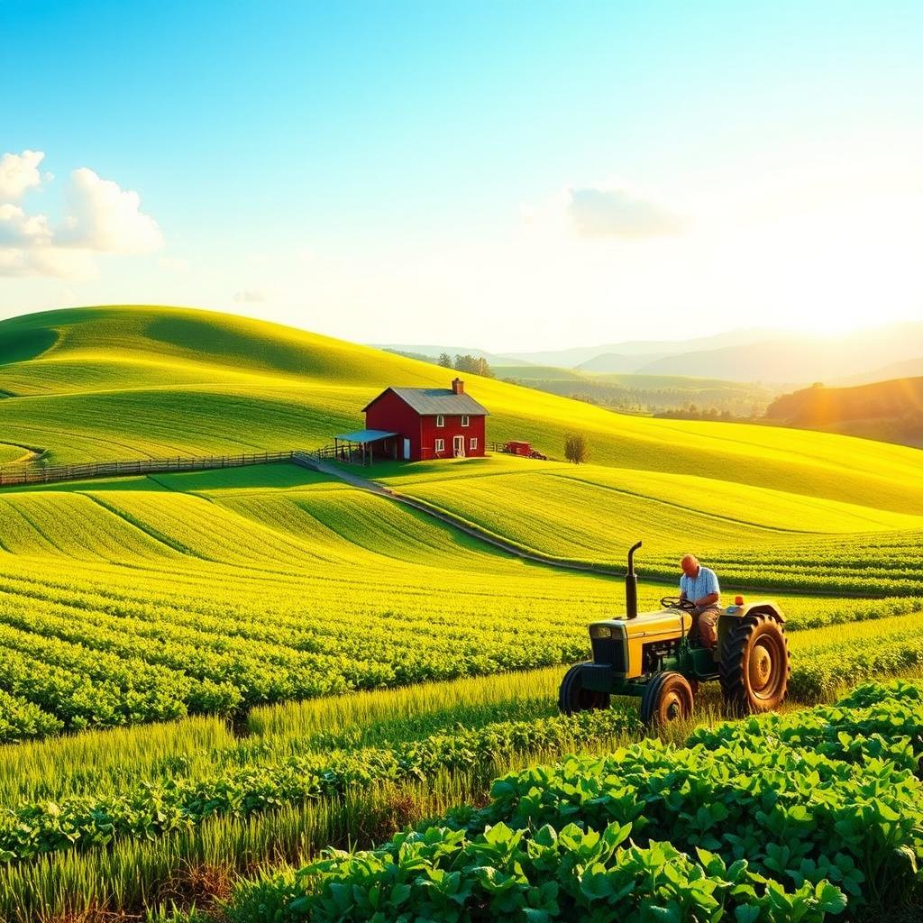 A picturesque rural farming landscape showcasing vibrant green fields of crops under a clear blue sky, a traditional red barn nestled among rolling hills, and a farmer tending to a lush vegetable garden