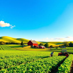 A picturesque rural farming landscape showcasing vibrant green fields of crops under a clear blue sky, a traditional red barn nestled among rolling hills, and a farmer tending to a lush vegetable garden
