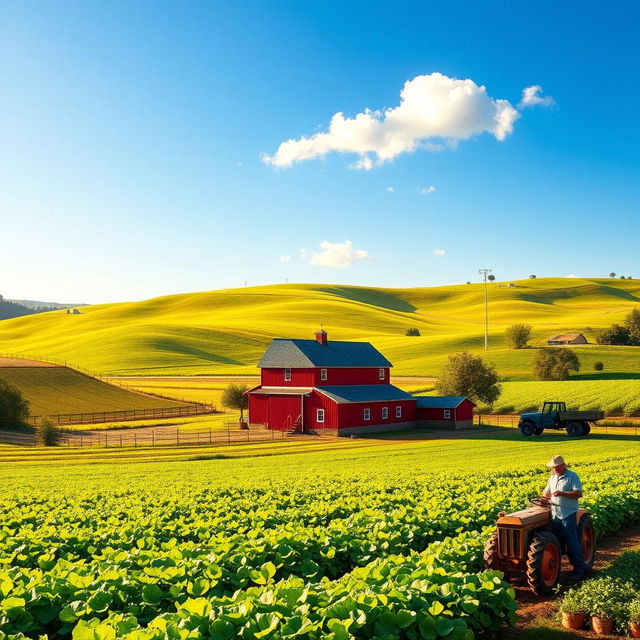 A picturesque rural farming landscape showcasing vibrant green fields of crops under a clear blue sky, a traditional red barn nestled among rolling hills, and a farmer tending to a lush vegetable garden