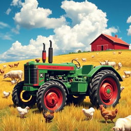 A vibrant farming scene featuring a classic green and red tractor working through golden fields, surrounded by a variety of animals such as cows grazing peacefully, chickens pecking at the ground, and sheep scattered across the hills
