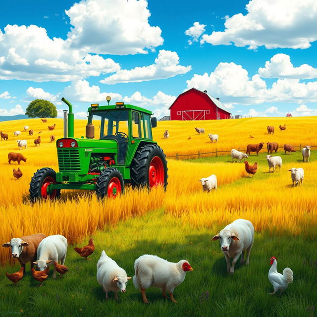 A vibrant farming scene featuring a classic green and red tractor working through golden fields, surrounded by a variety of animals such as cows grazing peacefully, chickens pecking at the ground, and sheep scattered across the hills