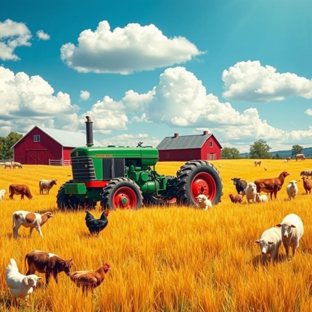 A vibrant farming scene featuring a classic green and red tractor working through golden fields, surrounded by a variety of animals such as cows grazing peacefully, chickens pecking at the ground, and sheep scattered across the hills