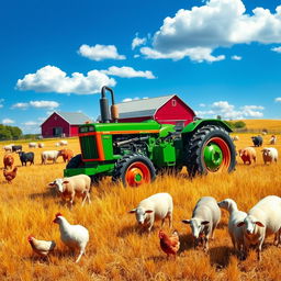 A vibrant farming scene featuring a classic green and red tractor working through golden fields, surrounded by a variety of animals such as cows grazing peacefully, chickens pecking at the ground, and sheep scattered across the hills