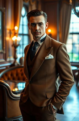 A sophisticated man in a stylish brown suit reminiscent of the early 20th century, standing confidently with a slight smile
