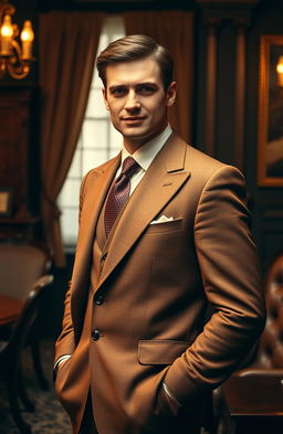 A sophisticated man in a stylish brown suit reminiscent of the early 20th century, standing confidently with a slight smile