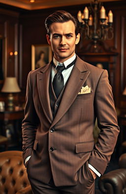 A sophisticated man in a stylish brown suit reminiscent of the early 20th century, standing confidently with a slight smile