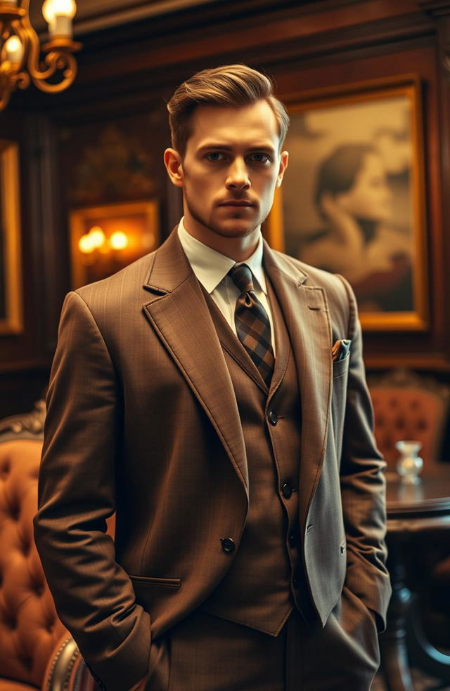 A sophisticated man in a stylish brown suit reminiscent of the early 20th century, standing confidently with a slight smile