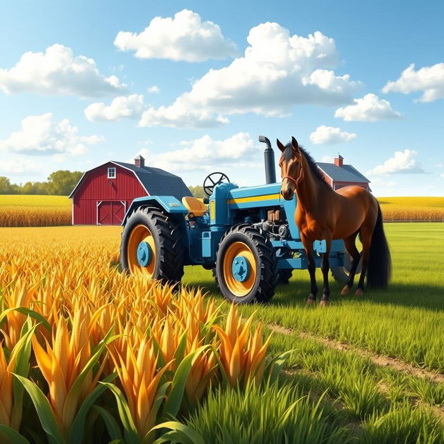 A charming farming scene featuring a sturdy blue tractor plowing through rows of tall, golden corn under a bright, sunny sky