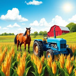 A charming farming scene featuring a sturdy blue tractor plowing through rows of tall, golden corn under a bright, sunny sky