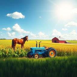 A charming farming scene featuring a sturdy blue tractor plowing through rows of tall, golden corn under a bright, sunny sky