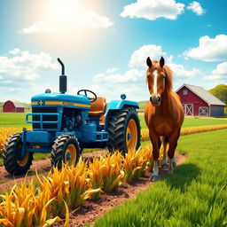 A charming farming scene featuring a sturdy blue tractor plowing through rows of tall, golden corn under a bright, sunny sky