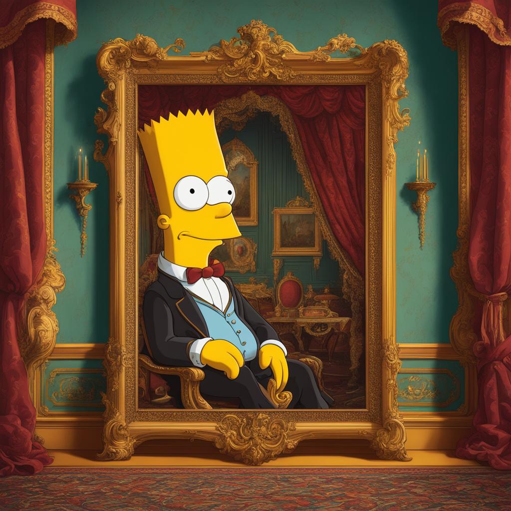 A Rococo-style portrait of a distinguished Bart Simpson in an elaborate setting.